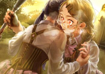 2girls artist_name assault_lily black_bow black_hair blood blood_in_hair blood_on_clothes blood_on_face blood_on_hands bloody_weapon blue_ribbon bow braid brown_hair building bush collared_shirt commentary_request corset covered_face cross-laced_clothes cross-laced_corset crying crying_with_eyes_open cuts evening fingerless_gloves fingernails glasses gloves grey-framed_eyewear hair_behind_ear hair_bow hair_ornament hair_ribbon hairclip hand_grab hands_up head_on_another's_shoulder heads_together heavy_breathing highres holding holding_another's_wrist holding_back holding_weapon injury komuzuka long_hair long_sleeves looking_ahead looking_over_eyewear low_twin_braids low_twintails ludvico_private_girls'_academy_school_uniform matsunaga_brigitta_kayo multiple_girls outdoors parted_bangs parted_lips pink_skirt plaid_clothes plaid_skirt red_eyes ribbon school_uniform seto_veronica_ichika shirt signature single_fingerless_glove single_glove skirt suspenders tears teeth tree twin_braids twintails underbust upper_body upper_teeth_only weapon white_shirt