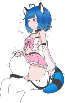 1boy 1girl absurdres ahoge animal_ears blue_hair blush breasts chromashift clothes_lift collar cunnilingus detached_sleeves gadoodler grabbing_another&#039;s_ass groping hetero highres leash loli oral poko_rakun raccoon_ears raccoon_girl raccoon_tail skirt skirt_lift small_breasts tail thick_thighs thighs yellow_eyes