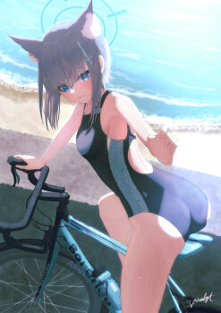 1girl absurdres animal_ear_fluff animal_ears ass beach bicycle black_one-piece_swimsuit blue_archive blue_eyes blush breasts commentary_request competition_swimsuit cross cross_hair_ornament earosoligt extra_ears from_side grey_hair hair_ornament halo highleg highleg_one-piece_swimsuit highres inverted_cross looking_at_viewer low_ponytail medium_breasts medium_hair mismatched_pupils multicolored_swimsuit official_alternate_costume one-piece_swimsuit ponytail riding riding_bicycle self_cosplay shiroko_(blue_archive) shiroko_(cycling)_(blue_archive) shiroko_(swimsuit)_(blue_archive) signature solo swimsuit two-tone_swimsuit wolf_ears
