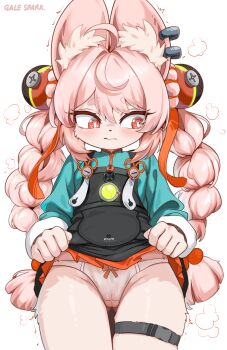 1girl absurdres animal_ear_fluff animal_ear_piercing animal_ears artist_name averting_eyes black_dress blue_shirt bow bow_panties braid bright_pupils cameltoe closed_mouth clothes_lift commentary cowboy_shot dress dress_lift flat_chest furry furry_female gale_spark_(user_pwwa7225) gluteal_fold hair_ornament highres lifting_own_clothes loli long_hair long_sleeves panties pinafore_dress pink_hair rabbit_ears rabbit_girl red_eyes shirt signature simple_background sleeveless sleeveless_dress solo sphere_hair_ornament straight-on thick_eyebrows thigh_strap twin_braids underwear white_background white_panties white_pupils zenless_zone_zero zhao_(zenless_zone_zero)