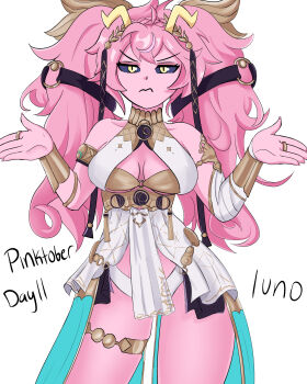 1girl absurdres acidart artist_name ashido_mina black_sclera boku_no_hero_academia colored_sclera colored_skin cosplay female_focus highres horns iuno_(wuthering_waves) iuno_(wuthering_waves)_(cosplay) pink_hair pink_skin solo wuthering_waves yellow_eyes yellow_horns