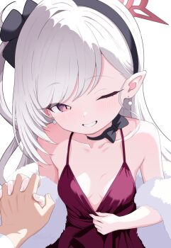 1boy 1gen_sinkun 1girl bare_shoulders black_bow black_choker black_hairband blue_archive blush bow breasts choker cleavage clothes_pull collarbone commentary dress dress_pull earrings fingernails flower frilled_dress frills from_above fur_(clothing) grin hair_behind_ear hair_flower hair_ornament hairband halo hand_up highres holding_hands jewelry loli long_hair looking_at_viewer mutsuki_(blue_archive) mutsuki_(dress)_(blue_archive) official_alternate_costume official_alternate_hairstyle one_eye_closed pearl_earrings pointy_ears pov pov_hands pulling_own_clothes red_dress red_eyes red_halo ribbon_choker sleeveless sleeveless_dress small_breasts smile solo_focus swept_bangs teeth upper_body white_background white_fur white_hair