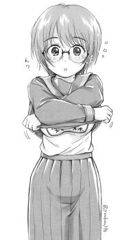 1girl ? artist_name glasses greyscale gym_uniform highres long_skirt looking_at_viewer mole mole_on_neck monochrome ooshiro_youkou original parted_lips school_uniform serafuku short_hair skirt undressing