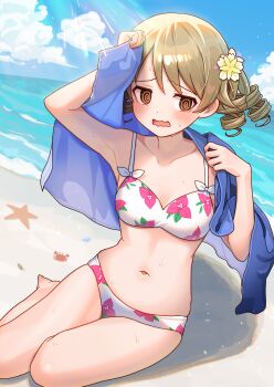 1girl @_@ absurdres beach bikini blue_sky breasts brown_eyes brown_hair cloud day drill_hair floral_print highres horizon idolmaster idolmaster_cinderella_girls medium_breasts morikubo_nono ocean outdoors ringlets sitting sky solo swimsuit towel towel_around_neck wavy_mouth white_bikini yokozuwari yukinuno