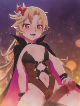 1boy 1girl animated animated_gif arm_support blonde_hair blush breasts censored cleavage cloak covered_erect_nipples crotch_rub erection eyelashes eyeshadow fangs fingernails girl_on_top girls'_frontline grinding groin hair_ornament halloween handjob hetero leaning_back lips loli long_fingernails long_hair looking_at_viewer m1919a4_(carmilla)_(girls'_frontline) m1919a4_(girls'_frontline) makeup male_pubic_hair mosaic_censoring mushiro_(nijie728995) nail_polish navel official_alternate_costume open_mouth penis pink_nails pointy_ears pov pubic_hair sharp_fingernails shiny_skin short_eyebrows slit_pupils small_breasts smile solo_focus spread_legs stomach sweat sweatdrop teeth tongue vampire very_long_hair