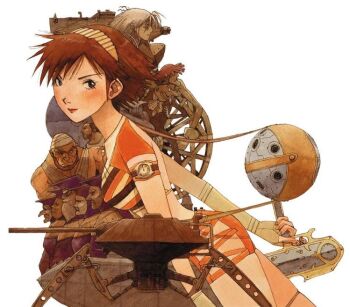 1girl 5boys arms_behind_head bike_shorts blush breasts brown_eyes brown_hair character_request commentary_request hairband kasahara_tetsurou kuusou_kagaku_edison machine medium_breasts midriff multiple_boys orange_shorts science_fiction short_hair short_sleeves shorts skin_tight