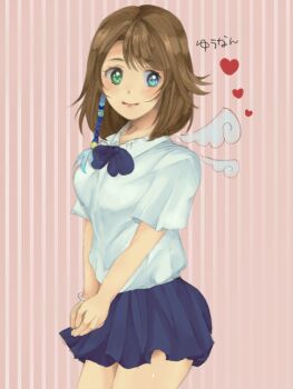 Rule 34 | 00s, 1girl, atm8989, blue eyes, blue ribbon, blush, bow, bowtie, bracelet, brown hair, dress shirt, female focus, final fantasy, final fantasy x, green eyes, heterochromia, image sample, jewelry, long hair, miniskirt, pixiv sample, ribbon, school uniform, shirt, skirt, solo, white shirt, yuna