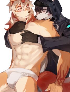 2boys abs animal_ears arknights arm_tattoo artist_self-insert axianorange black_gloves blush chinese_commentary claws closed_eyes colored_tips commentary_request doctor_(arknights) ears_through_hood furry furry_male gloves highres hood hood_up hooded_coat horns hug hug_from_behind hung_(arknights) komainu_boy komainu_ears komainu_tail looking_at_another male_doctor_(arknights) male_focus male_underwear multicolored_hair multiple_boys original pectorals single_horn tattoo toned toned_male topless_male underwear white_background white_male_underwear wolf_boy wolf_ears yellow_eyes