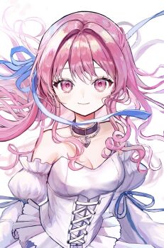 1girl bare_shoulders blue_bow blue_ribbon bow breasts choker cleavage commentary_request corset detached_sleeves dress floating_hair frilled_sleeves frills hair_ribbon highres jewelry long_hair looking_at_viewer medium_breasts necklace off-shoulder_dress off_shoulder original pink_hair pipi_(pipinavigation) ribbon white_background white_corset white_dress