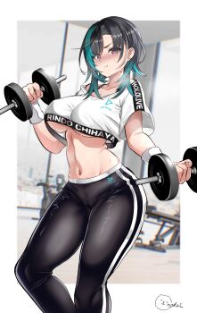 1girl :t absurdres aqua_hair black_hair black_pants blurry blurry_background blush breasts character_name clothes_writing collarbone copyright_name crop_top crop_top_overhang cropped_shirt double_vertical_stripe dumbbell exercising gym highres holding holding_dumbbell hololive hololive_dance_practice_uniform hololive_dev_is inokeiwd large_breasts linea_alba looking_at_viewer medium_hair mole mole_on_neck multicolored_hair navel official_alternate_costume pants pout red_eyes rindo_chihaya shirt signature solo stomach streaked_hair sweat thighs toned toned_female underboob virtual_youtuber weightlifting white_background white_hair white_shirt workout_clothes wristband