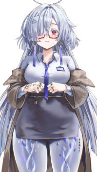 1girl alternate_breast_size_(larger) atiarta7 black_skirt brown_coat chromatic_aberration closed_mouth coat collared_shirt colored_eyelashes comiket_107 commentary cowboy_shot earrings english_commentary glasses grey_hair hair_ornament halo highres jewelry long_hair looking_at_viewer mornye_(wuthering_waves) multiple_rings necktie off_shoulder official_alternate_costume pencil_skirt purple_necktie red-framed_eyewear red_eyes ring semi-rimless_eyewear shirt shirt_tucked_in simple_background skirt solo tacet_mark_(wuthering_waves) triangle_earrings twitter_username under-rim_eyewear very_long_hair white_background white_shirt wuthering_waves