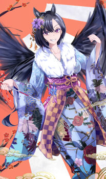 1girl :d alternate_costume animal_ears arrow_(projectile) black_hair black_wings blue_kimono commentary_request dutch_angle feathered_wings floral_print floral_print_kimono flower grin hair_ornament hamaya holding holding_arrow horse_ears horse_girl japanese_clothes kanzashi kimono kurokoma_saki long_hair long_sleeves looking_at_viewer niradama_(nira2ratama) obi open_mouth orange_background print_kimono purple_eyes purple_flower purple_sash sash smile solo touhou tsumami_kanzashi wide_sleeves wings