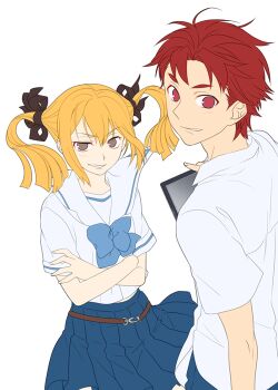 1boy 1girl blonde_hair blue_skirt chuo_tanegashima_high_school_uniform commentary_request dress_shirt ikuhashi_muiko koujiro_frau long_hair looking_at_viewer pleated_skirt red_eyes red_hair robotics;notes school_uniform science_adventure shirt short_hair short_sleeves simple_background skirt smile twintails white_background yashio_kaito