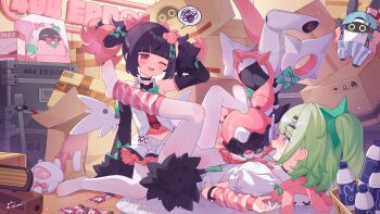 Rule 34 | 3girls, :d, ;d, absurdres, accident, aria (robot) (zenless zone zero), aria (zenless zone zero), bangboo (zenless zone zero), black hair, blush, bow, box, cardboard box, chinese commentary, commentary request, detached sleeves, dress, green hair, hair bow, highres, indoors, leg warmers, long sleeves, lying, multiple girls, nangong yu, no shoes, on back, one eye closed, open mouth, pantyhose, pink hair, red eyes, robot girl, shirt, sitting, smile, spoken squiggle, squiggle, sunna (zenless zone zero), tearing up, tsubasa tsubasa, white dress, white pantyhose, white shirt, x x, yuri, zenless zone zero