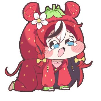 1girl ahoge all_fours animal_ear_fluff animal_ears black_hair black_streaks blue_eyes blush blush_stickers braid cafelittle chibi commentary crying double-parted_bangs food fruit hair_between_eyes hakos_baelz hakos_baelz_(strawberry_onesie) hololive hololive_english hood hooded_pajamas lowres meme mouse_ears mouse_tail multicolored_hair onesie open_mouth pajamas red_hair red_pajamas speakiposting_(meme) strawberry tail virtual_youtuber wavy_eyes white_background white_hair