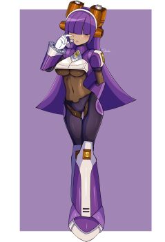 1girl black_bodysuit blue_eyes bodysuit border breasts dark-skinned_female dark_skin full_body hair_over_eyes headphones highres koshianpancake large_breasts layer_(mega_man) long_hair mega_man_(series) mega_man_x_(series) mole mole_under_eye navel purple_background purple_eyes see-through_clothes see-through_bodysuit simple_background solo underboob white_border
