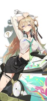 1girl ? aqua_necktie arm_up berserker_r black_skirt blonde_hair bra_visible_through_clothes braid braided_bangs breasts closed_mouth commentary dirty hair_between_eyes hair_ornament hashtag-only_commentary headphones headphones_around_neck highres holding holding_wrench jewelry large_breasts long_hair lynae_(wuthering_waves) motor_vehicle motorcycle navel necklace necktie purple_eyes shirt simple_background skirt skull_hair_ornament solo spoken_question_mark stomach sweat sweatdrop white_background white_shirt wrench wuthering_waves