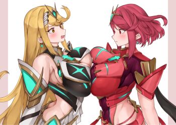 2girls ass breast_press breasts butt_crack cleavage cleavage_cutout clothing_cutout highres large_breasts multiple_girls mythra_(xenoblade) pyra_(xenoblade) symmetrical_docking xenoblade_chronicles_(series) xenoblade_chronicles_2