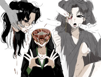 1girl 3boys black_eyes black_hair blood blood_drip breasts chinese_commentary cleavage commentary_request cum decapitation disembodied_head ero_guro fang guro heart heart_hands hetero highres holding_detached_head kikinotamai long_sleeves lord_of_the_mysteries multiple_boys necrophilia nipples open_mouth organs penis penis_in_eye severed_head simple_background skull_fucking small_breasts solo_focus split_head tongue tongue_out transverse_plane_cutting white_background