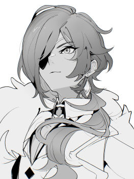 1boy closed_mouth collarbone collared_shirt commentary_request diamond-shaped_pupils diamond_(shape) eyelashes eyepatch genshin_impact hair_behind_ear highres inoooooue kaeya_(genshin_impact) lapels long_hair male_focus notched_lapels one_eye_covered parted_bangs portrait shirt solo symbol-shaped_pupils