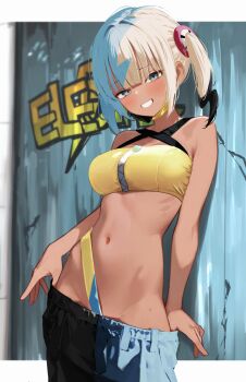 1girl absurdres against_wall black_mask black_pants blue_eyes blue_hair blue_pants blue_shorts breasts canari_(pokemon) clothes_pull commentary criss-cross_halter criss-cross_straps dark-skinned_female dark_skin graffiti groin halterneck highres large_breasts looking_at_viewer mask mask_pull mega_ring mega_stone memekko mouth_mask multicolored_hair navel nintendo paid_reward_available pants parted_lips pokemon pokemon_legends:_z-a short_hair shorts shorts_pull smile solo split-color_hair sports_bra stomach twintails two-tone_hair two-tone_mask two-tone_pants white_hair yellow_mask yellow_sports_bra