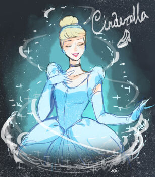 Rule 34 | 1girl, animification, ano (sbee), gown, blonde hair, blue dress, blue eyes, choker, cinderella (disney movie), dress, earrings, elbow gloves, gloves, hair bun, hairband, jewelry, looking at viewer, princess, princess dress, short hair, smile, solo