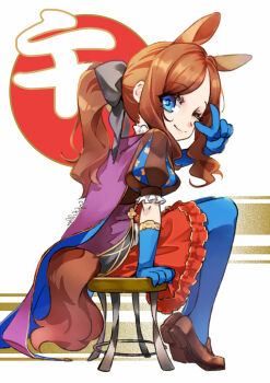 1girl animal_ears blue_eyes blue_gloves blue_pantyhose brown_hair chinese_zodiac commentary_request fate/grand_order fate_(series) full_body gloves horse_ears horse_tail leonardo_da_vinci_(fate) leonardo_da_vinci_(fate/grand_order) leonardo_da_vinci_(rider)_(fate) loafers long_hair looking_at_viewer one_eye_closed pantyhose parted_bangs ponytail puff_and_slash_sleeves puffy_short_sleeves puffy_sleeves rori_chuushin shoes short_sleeves sitting skirt solo tail v year_of_the_horse