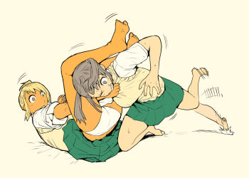 2girls blonde_hair jiu-jitsu multiple_girls skirt wrestling