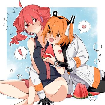 ! 2girls a.i._voice adachi_rei blush coat detached_sleeves drill_hair food fruit gloves heart kasane_teto kasane_teto_(utau) multiple_girls red_eyes red_hair spoken_exclamation_mark spoken_heart twin_drills utau watermelon watermelon_slice white_gloves yi_xing_luren