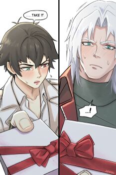 Rule 34 | 1boy, 1girl, artist name, black hair, blue eyes, blush, box, dante (devil may cry), devil may cry (netflix), devil may cry (series), flying sweatdrops, gift, gift box, green eyes, heterochromia, highres, jacket, jumpoon, lady (devil may cry), red eyes, red jacket, signature, speech bubble, sweat, valentine, white hair, white jacket