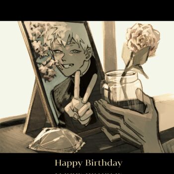 Rule 34 | 1boy, 1other, commentary request, corrupted twitter file, flower, gakuran, greyscale, happy, happy birthday, highres, hikaru ga shinda natsu, iei, indou hikaru, iria arts, male focus, monochrome, portrait (object), school uniform, short hair, smile, upper body, v, white hair