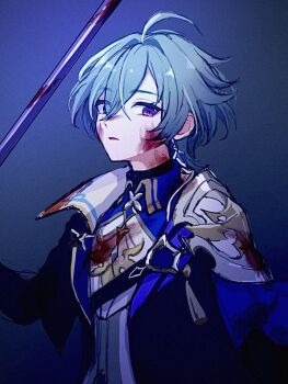 Rule 34 | 1boy, armor, blood, blood on clothes, blood on face, bloody weapon, blue hair, coat, collared shirt, commentary, earrings, film grain, genshin impact, highres, holding, holding polearm, holding weapon, jewelry, lohen (genshin impact), looking to the side, male focus, open clothes, open coat, parted bangs, pauldrons, piercing, polearm, seta tasuku, shirt, short hair, shoulder armor, sideways glance, single earring, single pauldron, solo, tassel, untranslatable commentary, upper body, weapon, wing collar