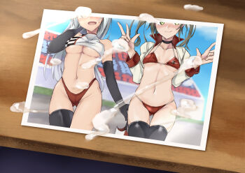 2girls alternate_costume asake_ameji audience bikini black_legwear blush boots breasts cleavage commentary_request cropped_jacket cum_on_object cum_tribute cumtribute double_v elbow_gloves full_body gloves gluteal_fold gradient_hair green_eyes jacket kantai_collection long_hair midriff multicolored_hair multiple_girls navel open_mouth photo_(object) race_queen red_bikini shoukaku_(kancolle) single_thighhigh small_breasts smile stadium standing sweat swimsuit thigh_boots thighhighs twintails umbrella underboob v very_long_hair white_jacket zuikaku_(kancolle)