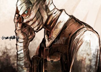 1boy bandaged_arm bandaged_head bandages blue_eyes bulletproof_vest commentary_request fallout fallout:_new_vegas hand_on_own_head joshua_graham looking_at_viewer male_focus s.w.a.t. shirt solo umeyama_(toma23) upper_body white_shirt