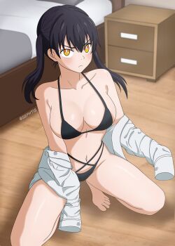1girl absurdres armpit_crease barefoot bedroom bikini black_bikini black_hair breasts cleavage closed_mouth collarbone en&#039;en_no_shouboutai frown full_body highres large_breasts looking_at_viewer navel off_shoulder sephtis shirt sleeves_past_wrists squatting stomach swimsuit tamaki_kotatsu thighs twintails v-shaped_eyebrows white_shirt yellow_eyes