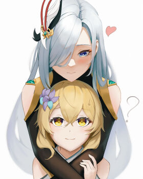 2girls ? absurdres blonde_hair blue_eyes blush commentary_request flower genshin_impact hair_flower hair_ornament hair_over_one_eye haruhachiya heart height_difference highres hug hug_from_behind lumine_(genshin_impact) multiple_girls shenhe_(genshin_impact) yellow_eyes yuri