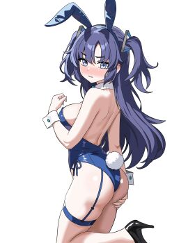 1girl absurdres alternate_costume animal_ear_hairband animal_ears arm_at_side ass back black_shoes blue_archive blue_eyes blue_hairband blue_leotard blush breasts clenched_hand closed_mouth commentary commission curvy detached_collar embarrassed english_commentary eyelashes fake_animal_ears foot_out_of_frame from_behind grabbing_own_ass gubee hair_between_eyes hair_ornament hairband hand_up high_heels highleg highleg_leotard highres large_breasts leotard long_hair looking_at_viewer nose_blush pixiv_commission playboy_bunny purple_hair rabbit_ears rabbit_tail shoes sideboob sidelocks skindentation solo split_mouth standing standing_on_one_leg strapless strapless_leotard tail thigh_strap thighs triangle_hair_ornament two_side_up v-shaped_eyebrows very_long_hair white_wrist_cuffs wrist_cuffs yuuka_(blue_archive)