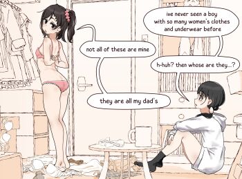 1boy 1girl adjusting_bra adjusting_clothes aiu404l arms_behind_back ass black_eyes black_hair black_socks bra chest_of_drawers closet coffee_mug crossdressing crossdressing_(mtf) cup dress egg_(aiu404l) egg_hair_ornament english_text food-themed_hair_ornament from_side hair_ornament hair_scrunchie ham_(aiu404l) highres hood hoodie indoors knees_up lace lace-trimmed_bra lace-trimmed_panties lace_trim mug no_shoes open_mouth original panties pink_bra pink_panties pink_scrunchie scrunchie side_ponytail sitting socks speech_bubble standing table trap underwear underwear_only unworn_clothes white_hoodie