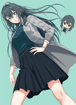 1girl antenna_hair black_skirt blush buttons chibi closed_mouth coat commentary_request crossed_bangs from_below gakuen_idolmaster green_background green_eyes green_hair grey_coat hair_between_eyes hair_flaps hand_on_own_hip highres idolmaster jacket long_hair long_sleeves looking_at_viewer nigou open_clothes open_coat plaid_clothes plaid_coat school_uniform shirt simple_background skirt standing tsukimura_temari very_long_hair