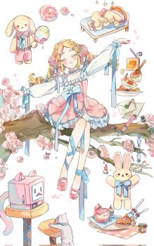 1girl alternate_costume blonde_hair blue_bow blue_necktie blush bow bowl braid bread bread_slice cat closed_eyes cotton_candy crown_braid cupcake didi_en_ilu dress dress_bow envelope flower food fork full_body hair_flower hair_ornament highres holding holding_cotton_candy holding_food jar leg_ribbon long_hair long_sleeves necktie nib_pen_(object) nintendo outstretched_arms pants parted_bangs pen pie pink_dress pink_flower pink_pants pink_shoes pointy_ears princess_zelda puffy_long_sleeves puffy_sleeves rabbit ribbon shoes sidelocks sitting_on_branch solo spoon stuffed_animal stuffed_rabbit stuffed_toy suspenders the_legend_of_zelda the_legend_of_zelda:_breath_of_the_wild toast twin_braids white_background white_sleeves