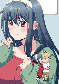 Rule 34 | 1boy, 1girl, black hair, blonde hair, blue eyes, blush, breasts, commentary request, dress, hairband, highres, husband and wife, kamimiya, large breasts, long hair, looking at viewer, off-shoulder sweater, off shoulder, sidelocks, smile, spy x family, sweater, sweater dress, twilight (spy x family), yor briar