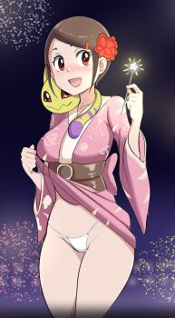 Rule 34 | breasts, brown hair, commentary, digimon, digimon adventure 02, english commentary, fireworks, flower, flower on head, hair flower, hair ornament, hairclip, happy new year, highres, japanese clothes, lifting own clothes, medium breasts, medium hair, new year, nyaromon, open mouth, pabsmikan, panties, thighs, underwear, white panties, yagami hikari