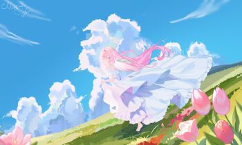 Rule 34 | 1girl, blue eyes, blue sky, cloud, commentary, dress, elysia (honkai impact), flower, grass, highres, honkai (series), honkai impact 3rd, long hair, looking at viewer, maomavika, outdoors, pink flower, pink hair, pink tulip, sky, solo, tulip, untranslatable commentary, very long hair, white dress