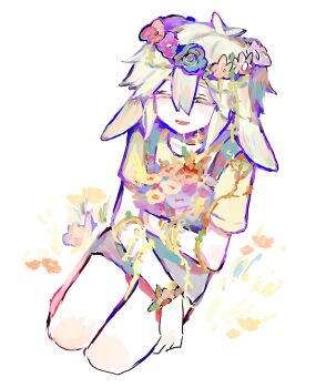 1boy :d ^_^ animal_ears antenna_hair bare_arms bare_legs basil_(headspace)_(omori) basil_(omori) blue_flower blue_rose bouquet closed_eyes collarbone colored_eyelashes commentary_request double-parted_bangs facing_viewer flower flower_wreath from_above grey_overalls hair_between_eyes head_wreath highres holding holding_bouquet kemonomimi_mode korean_commentary lop_rabbit_ears lower_teeth_only male_focus omori open_mouth orange_flower overall_shorts overalls pale_skin pink_flower plant rabbit_boy rabbit_ears rose seiza shirt short_hair short_sleeves sidelocks simple_background sitting smile solo sukinakoto1ppai teeth tongue vines white_background white_eyelashes white_hair yellow_shirt