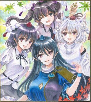 4girls :d animal_ears armor bell_sleeves black_hair black_necktie black_ribbon black_skirt blue_hat blue_shirt bob_cut bow breasts brown_hair buttons cellphone cleavage closed_mouth clothing_cutout commentary_request dated_commentary detached_sleeves diamond_cutout dot_nose flip_phone frilled_shirt_collar frilled_skirt frills green_background hair_bow hair_flaps hajike_akira hand_up hat highres himekaidou_hatate holding holding_phone iizunamaru_megumu inubashiri_momiji large_breasts leaf leaf_print long_hair looking_at_viewer maple_leaf maple_leaf_print multiple_girls neck_ribbon necktie one_eye_closed open_mouth pauldrons phone pointy_ears pom_pom_(clothes) print_skirt puffy_short_sleeves puffy_sleeves purple_bow purple_hat red_eyes red_hat ribbon shameimaru_aya shirt short_hair short_sleeves shoulder_armor simple_background single_pauldron skirt sleeveless sleeveless_sweater smile sweater tokin_hat touhou traditional_media turtleneck turtleneck_sweater twintails untucked_shirt white_hair white_shirt white_sleeves wolf_ears wolf_girl wristband