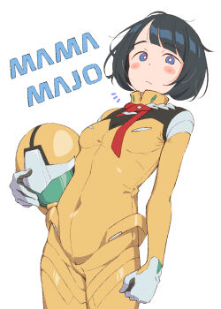 1girl black_gloves black_hair blue_eyes blunt_bangs blush blush_stickers bob_cut bodysuit breasts bright_pupils clenched_hand closed_mouth commentary_request covered_navel cowboy_shot earth_federation_space_forces eitopondo expressionless gloves gundam gundam_gquuuuuux helmet highres holding holding_unworn_helmet looking_at_viewer mecha_pilot_suit multicolored_gloves no_sclera normal_suit_(gundam) notice_lines romaji_text shiiko_sugai short_hair simple_background skin_tight small_breasts solo standing translated two-sided_gloves two-tone_gloves unworn_headwear unworn_helmet white_background white_gloves white_pupils yellow_bodysuit