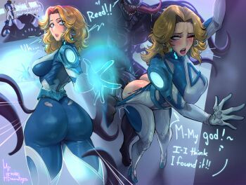 1boy 1girl 1other against_wall ass blonde_hair blush bodysuit breasts fantastic_four highres imminent_rape large_breasts large_penis long_tongue marvel marvel_rivals mr_hernan_drawings penis reed_richards sex standing standing_sex sue_storm symbiote tentacles tongue torn_bodysuit torn_clothes veins veiny_penis venom_(marvel)