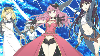 1boy 3girls acqua_of_the_back apron arm_up ascalon asymmetrical_clothes asymmetrical_legwear belt black_choker black_eyes black_gloves black_hair black_shorts blonde_hair blue_background blue_eyes blue_pants blush breast_pocket breasts brown_belt brown_hair choker cleavage closed_mouth collared_shirt commentary cowboy_shot denim denim_jacket dress feet_out_of_frame gloves goggles goggles_on_head grin highres holding holding_sheath holding_sword holding_weapon holding_whip huge_weapon idol in-franchise_crossover jacket jeans kanzaki_kaori katana long_hair long_sleeves looking_at_viewer maid medium_breasts meigo_arisa midriff monochrome_background multiple_girls navel official_style ootachi open_clothes open_jacket outstretched_arms over_shoulder pants pink_eyes pink_hair pocket puffy_short_sleeves puffy_sleeves reaching reaching_towards_viewer red_dress sheath sheathed shichiten_shichitou shirt short_hair short_shorts short_sleeves shorts silvia_(toaru_majutsu_no_index) single_pantsleg single_sleeve smile standing stomach sword sword_over_shoulder teeth thigh_gap toaru_majutsu_no_index toaru_majutsu_no_index:_endymion_no_kiseki toaru_majutsu_no_index:_old_testament toned toned_male trait_connection v-shaped_eyebrows very_long_hair weapon weapon_over_shoulder white_apron white_shirt yakutashi