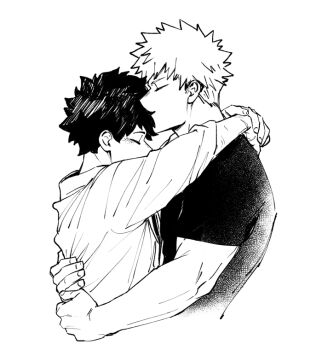 Rule 34 | 2boys, 5mll3, arms around neck, bakugou katsuki, blush, boku no hero academia, closed eyes, collared shirt, cropped torso, freckles, from side, greyscale, hug, kiss, kissing forehead, long sleeves, male focus, midoriya izuku, monochrome, multiple boys, shirt, short hair, short sleeves, simple background, spiked hair, t-shirt, white background, yaoi