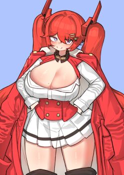 1girl big_hair blue_background blush boots breasts brown_boots bursting_breasts cleavage closed_mouth coat coat_on_shoulders collar corset double-parted_bangs hair_between_eyes hair_intakes hair_ornament hairclip hairpin hand_on_own_hip head_tilt highres huge_breasts kim_aendeo last_origin long_hair long_sleeves looking_at_viewer may_of_doom military_uniform mole mole_on_breast open_clothes open_coat panties pleated_skirt purple_eyes red_coat red_corset red_hair see-through_clothes see-through_skirt shirt simple_background skirt smile solo thick_thighs thigh_boots thighs twintails underwear white_shirt white_skirt wide_hips